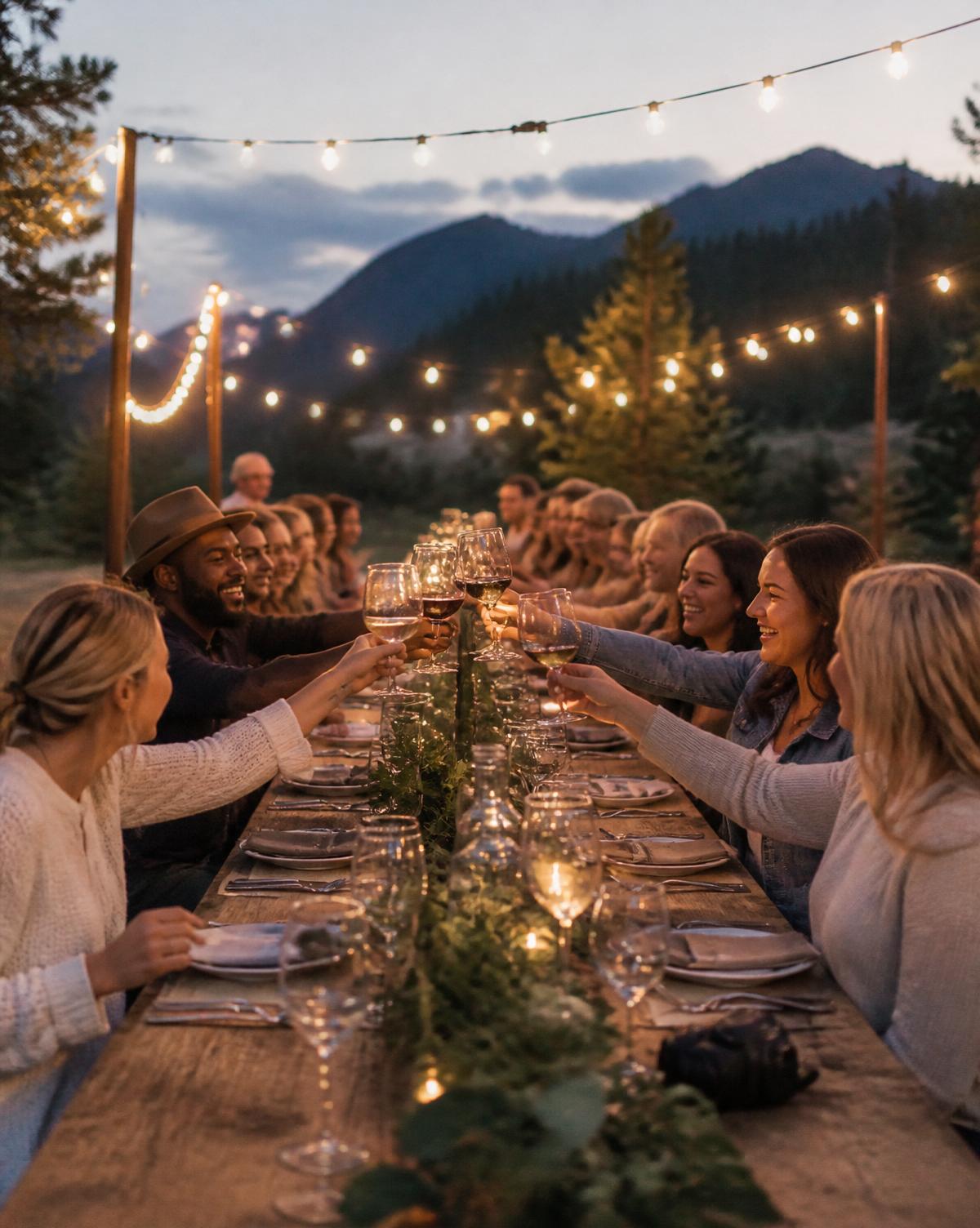 Mesa longa de evento ao ar livre com luzes penduradas ao entardecer