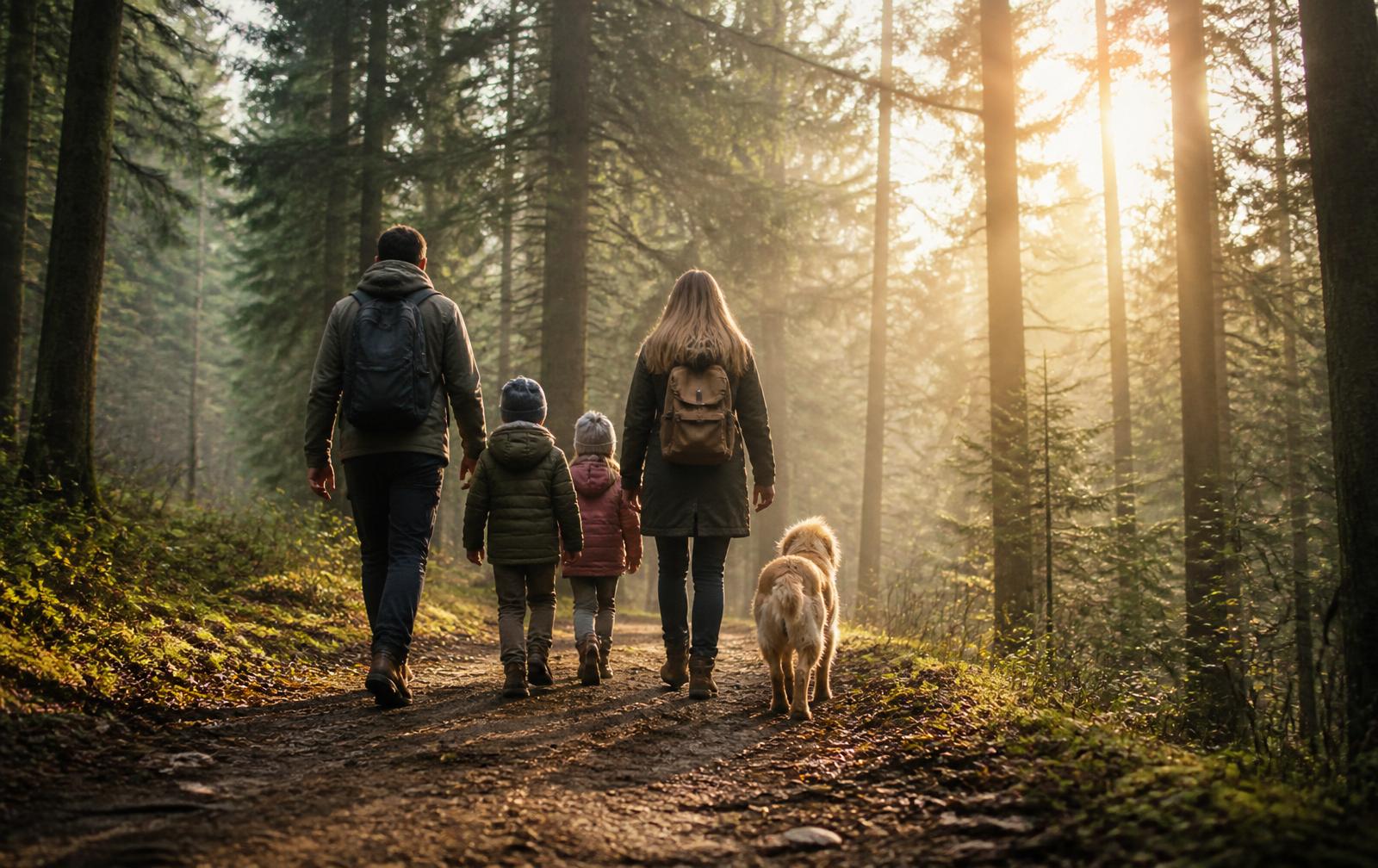 Família caminhando com o cachorro por uma trilha na mata ao amanhecer