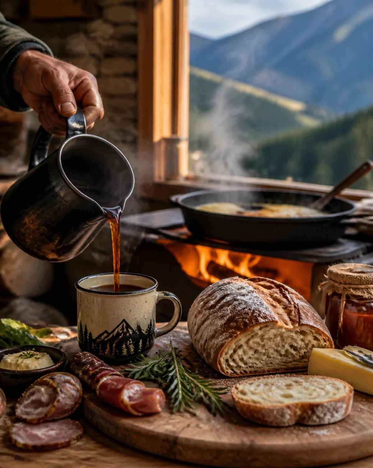 Café sendo servido ao lado de pão artesanal e fogão a lenha