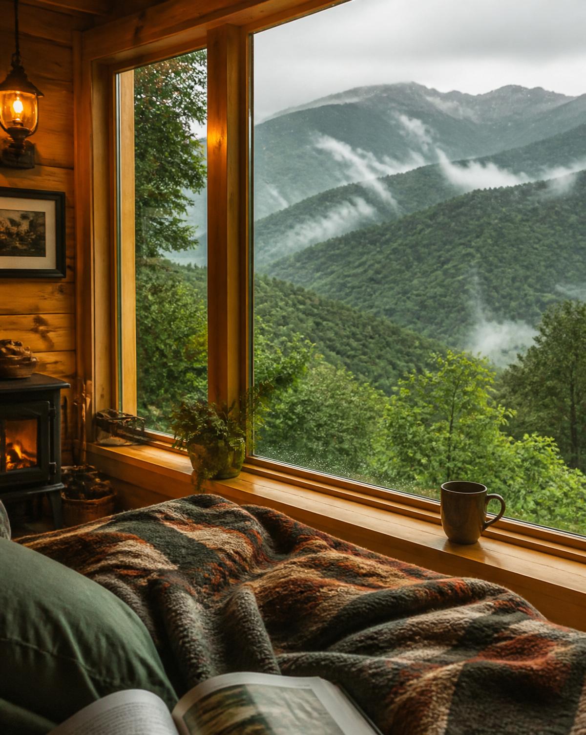 Interior de cabana aconchegante com vista para montanhas na neblina