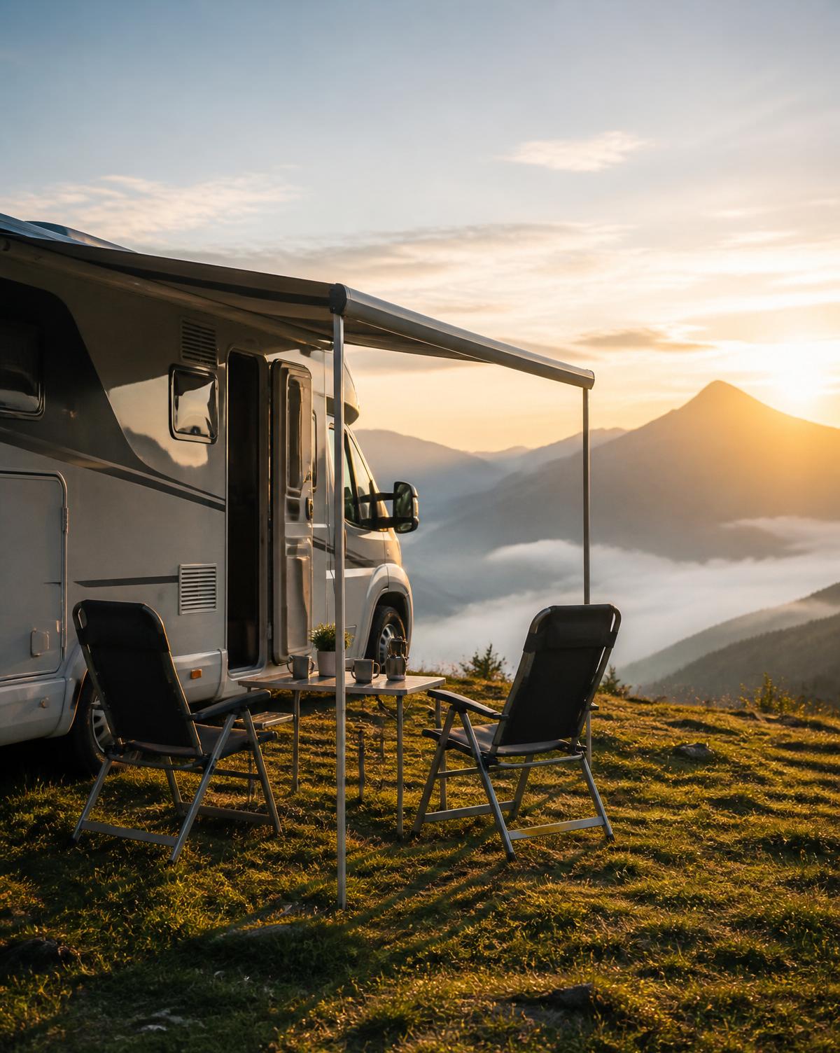 Motorhome estacionado em platô com vista para o nascer do sol